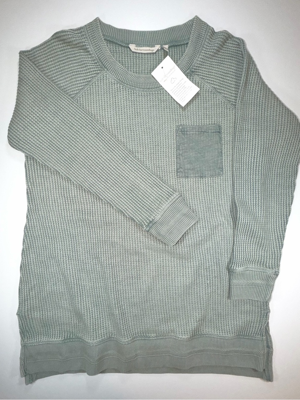 NWT Soft Surroundings Waffle Knit Top Faded Sage Green Pocket Cotton Tunic Sz M - Picture 2 of 13